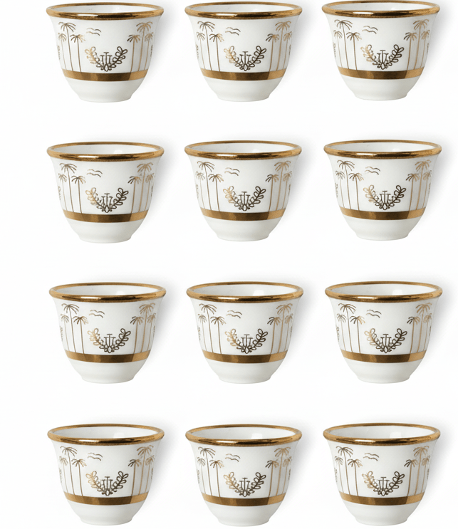 Verucci Premium White Ceramic Arabic Coffee Cawa Cups Set of 12 Gold Rim Palm Tree Pattern Gahwa Finjan 80 ml - Al Kabayel Discount CentreVerucci Premium White Ceramic Arabic Coffee Cawa Cups Set of 12 Gold Rim Palm Tree Pattern Gahwa Finjan 80 mlTea CupsVERUCCIAl Kabayel Discount Centre