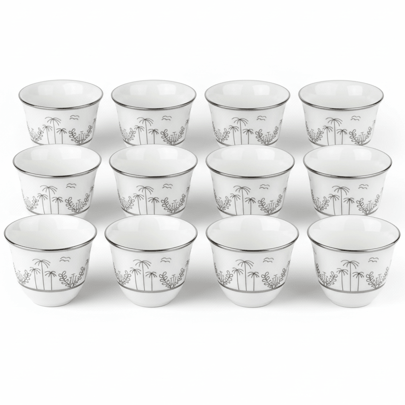Verucci White Ceramic Arabic Cawa Cups Set of 12 Silver Rim Palm Tree Design Traditional Coffee Cups 80 ml - Al Kabayel Discount CentreVerucci White Ceramic Arabic Cawa Cups Set of 12 Silver Rim Palm Tree Design Traditional Coffee Cups 80 mlTea CupsVERUCCIAl Kabayel Discount Centre
