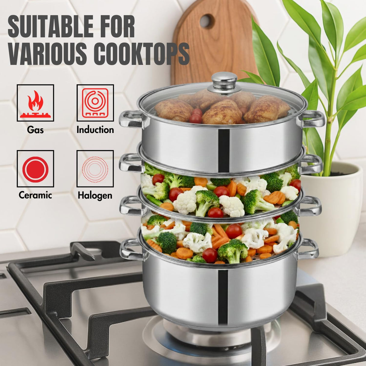 Vinod 30cm 4 - Tier Stainless Steel Multi - Layer Steamer with Glass Lid – Heavy Duty Cooker - Al Kabayel Discount CentreVinod 30cm 4 - Tier Stainless Steel Multi - Layer Steamer with Glass Lid – Heavy Duty CookerFood StreamersVINODAl Kabayel Discount Centre