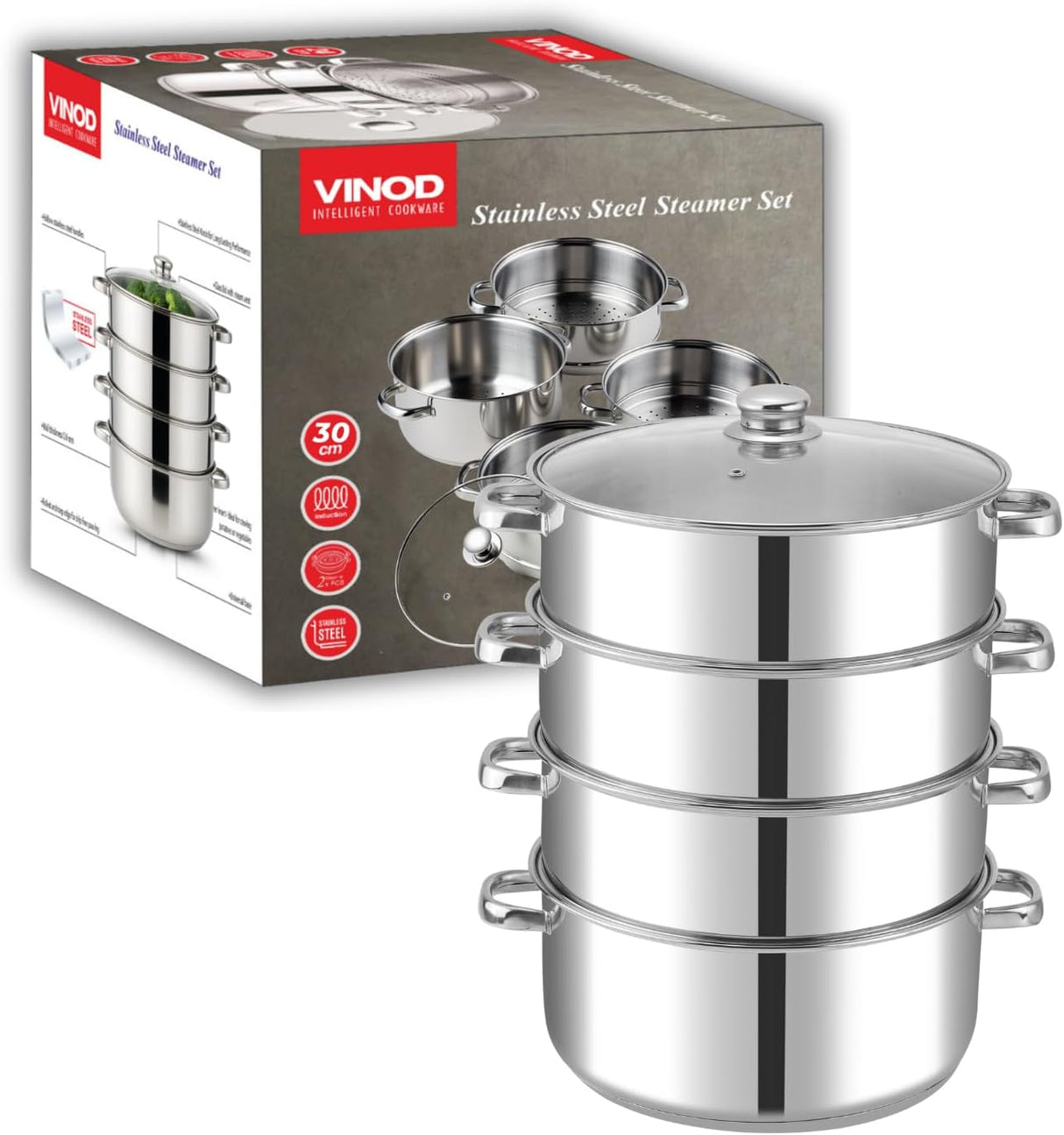 Vinod 30cm 4 - Tier Stainless Steel Multi - Layer Steamer with Glass Lid – Heavy Duty Cooker - Al Kabayel Discount CentreVinod 30cm 4 - Tier Stainless Steel Multi - Layer Steamer with Glass Lid – Heavy Duty CookerFood StreamersVINODAl Kabayel Discount Centre