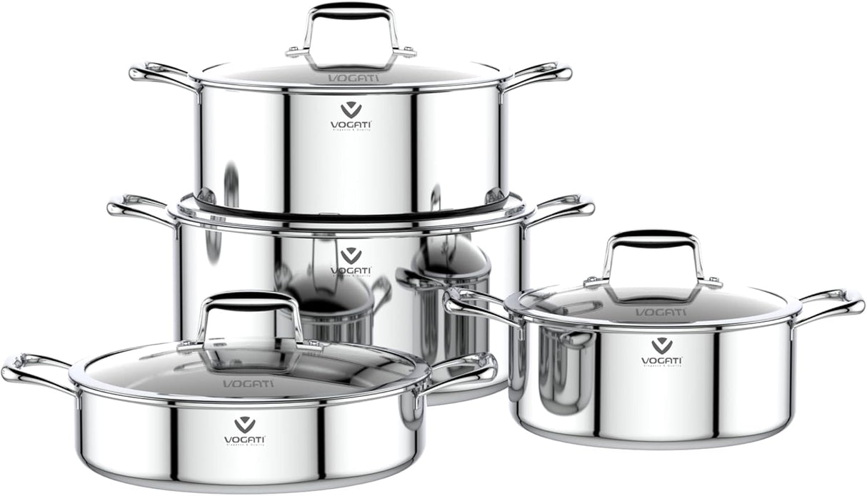Vogati Tri - Ply Stainless Steel 8 - Piece Cookware Set – Induction Compatible Pots & Pan with Glass Lids, PFOA Free - Al Kabayel Discount CentreVogati Tri - Ply Stainless Steel 8 - Piece Cookware Set – Induction Compatible Pots & Pan with Glass Lids, PFOA FreeCookware SetVOGATIAl Kabayel Discount Centre