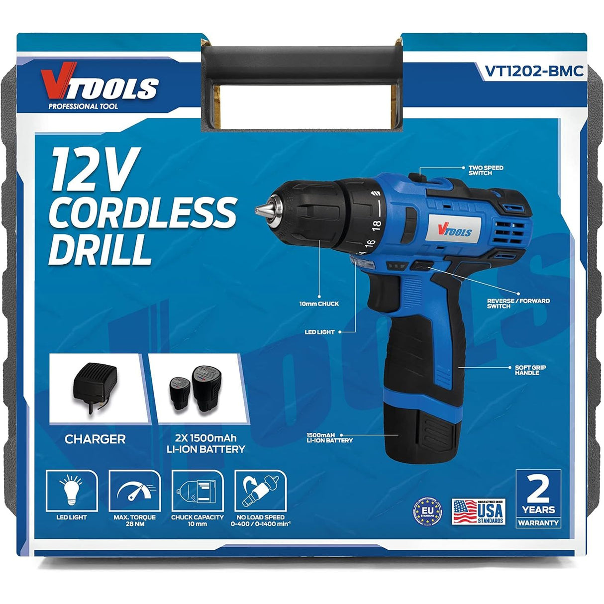 Vtools 12V Cordless Drill Driver Kit, 400 - 1400 RPM, Dual Speed with 2 Lithium - Ion Batteries 1.5 Ah, Powerful 28NM Torque, 10mm Chuck for Efficient Drilling & Fastening, 2 Years Warranty - VT1202 - BMC - Al Kabayel Discount CentreVtools 12V Cordless Drill Driver Kit, 400 - 1400 RPM, Dual Speed with 2 Lithium - Ion Batteries 1.5 Ah, Powerful 28NM Torque, 10mm Chuck for Efficient Drilling & Fastening, 2 Years Warranty - VT1202 - BMCToolsVTOOLSAl Kabayel Discount Centre