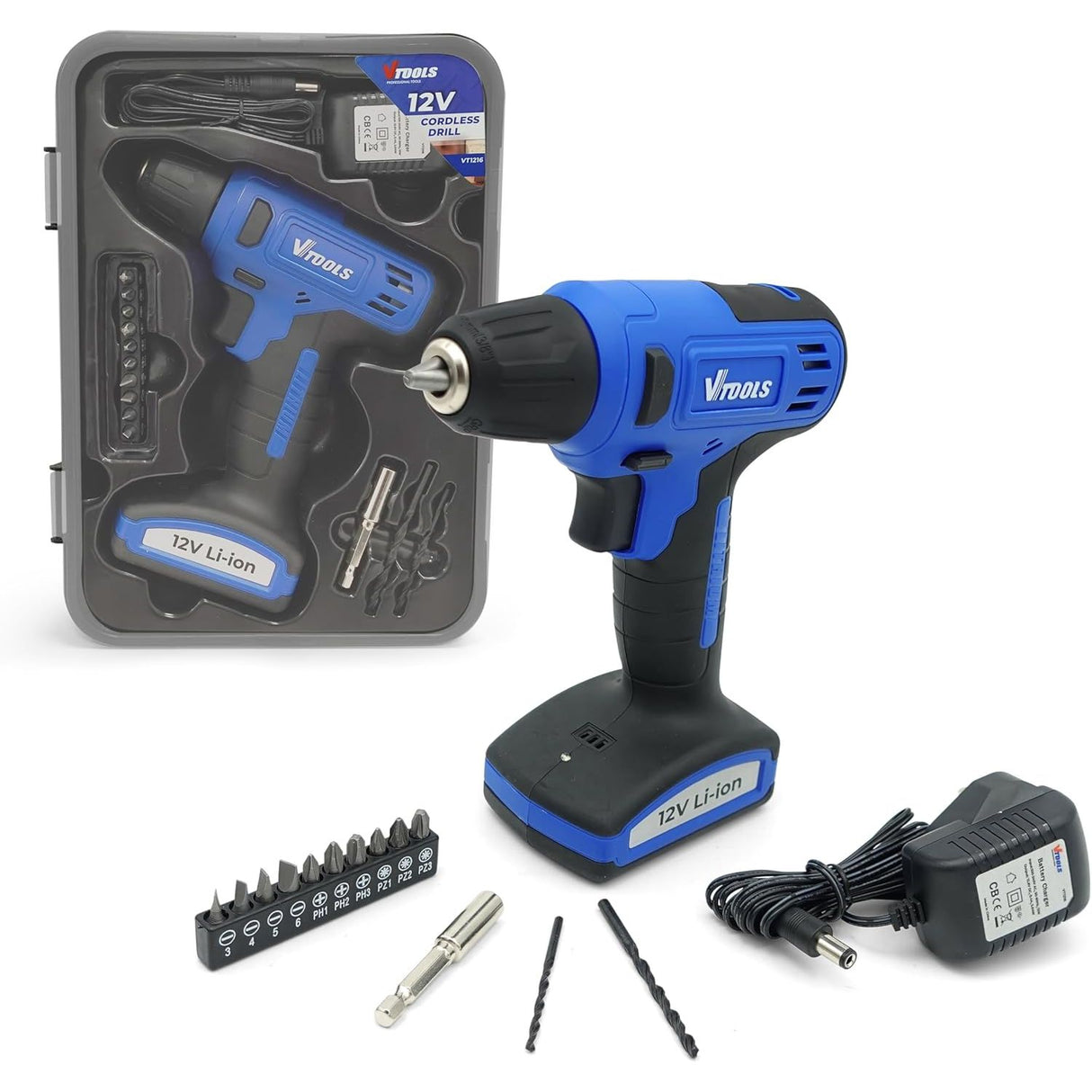 Vtools 12V Cordless Drill Driver With 13 Piece Bits Set, 850 RPM, with Built - In Lithium - Ion 1.5Ah Battery, 16NM Torque, 10mm Chuck for Efficient Drilling & Fastening, 2 Years Warranty, VT1216 - Al Kabayel Discount CentreVtools 12V Cordless Drill Driver With 13 Piece Bits Set, 850 RPM, with Built - In Lithium - Ion 1.5Ah Battery, 16NM Torque, 10mm Chuck for Efficient Drilling & Fastening, 2 Years Warranty, VT1216ToolsVTOOLSAl Kabayel Discount Centre