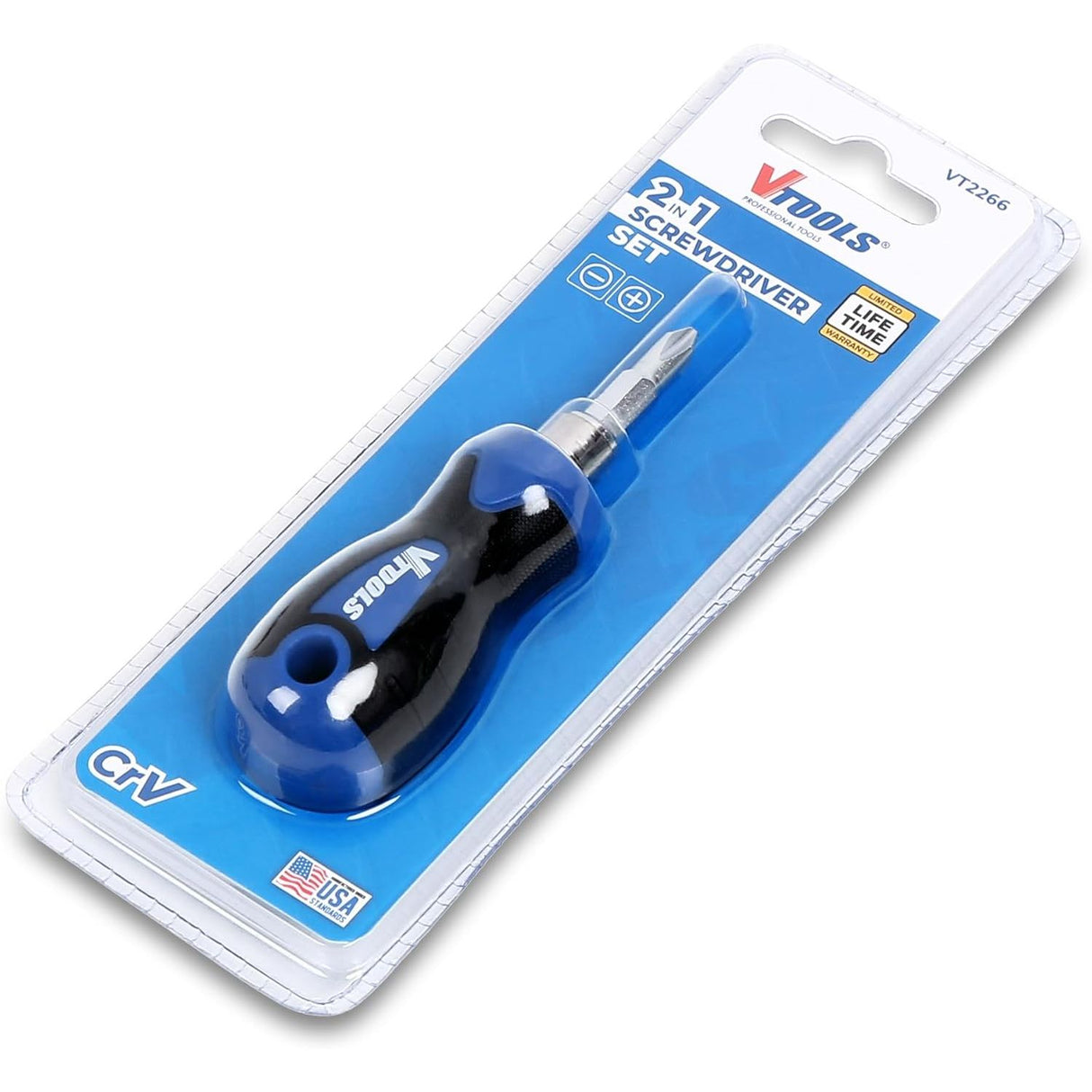 Vtools 2 in 1 Screwdriver (Slotted and Phillips) with Interchangeable Handle, CR - V Material, Shank Size 6.35x75mm, Compact Design, Plastic Hanger Packaging for Easy Storage, Blue, VT2266 - Al Kabayel Discount CentreVtools 2 in 1 Screwdriver (Slotted and Phillips) with Interchangeable Handle, CR - V Material, Shank Size 6.35x75mm, Compact Design, Plastic Hanger Packaging for Easy Storage, Blue, VT2266ToolsVTOOLSAl Kabayel Discount Centre