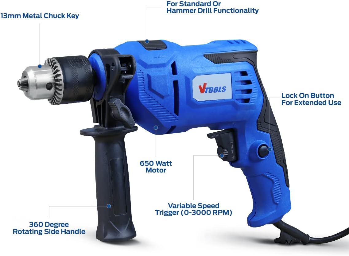 Vtools 650 Watt Impact Drill With Multi Function (Hammer And Drill), 360 degree Rotating Side Handle, Guide Ruler, And Variable Speed, Blue, VT1206 - Al Kabayel Discount CentreVtools 650 Watt Impact Drill With Multi Function (Hammer And Drill), 360 degree Rotating Side Handle, Guide Ruler, And Variable Speed, Blue, VT1206ToolsVTOOLSAl Kabayel Discount Centre