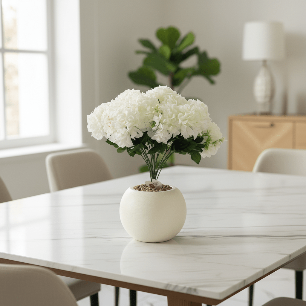 White Artificial Hydrangea Arrangement | Cream Sphere Pot | 35cm - Al Kabayel Discount CentreWhite Artificial Hydrangea Arrangement | Cream Sphere Pot | 35cmArtificial FloraAKDCAl Kabayel Discount Centre