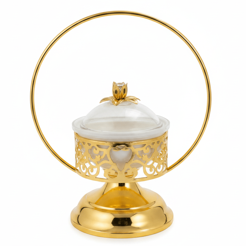 White Ceramic Candy Bowl with Gold Metal Holder & Lid – Elegant Serving Dish for Chocolates, Sweets & Dry Fruits – 12 × 30 cm - Al Kabayel Discount CentreWhite Ceramic Candy Bowl with Gold Metal Holder & Lid – Elegant Serving Dish for Chocolates, Sweets & Dry Fruits – 12 × 30 cmJars & Food SaversAKDCAl Kabayel Discount Centre