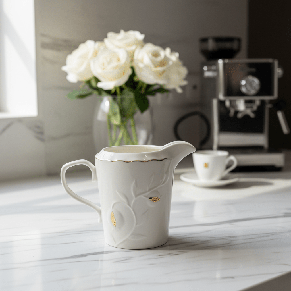 White Ceramic Creamer Jug with Gold Accent Design and Easy - Pour Handle – Stylish Milk Server (10×6 cm) - Al Kabayel Discount CentreWhite Ceramic Creamer Jug with Gold Accent Design and Easy - Pour Handle – Stylish Milk Server (10×6 cm)Jars & Food SaversAKDCAl Kabayel Discount Centre