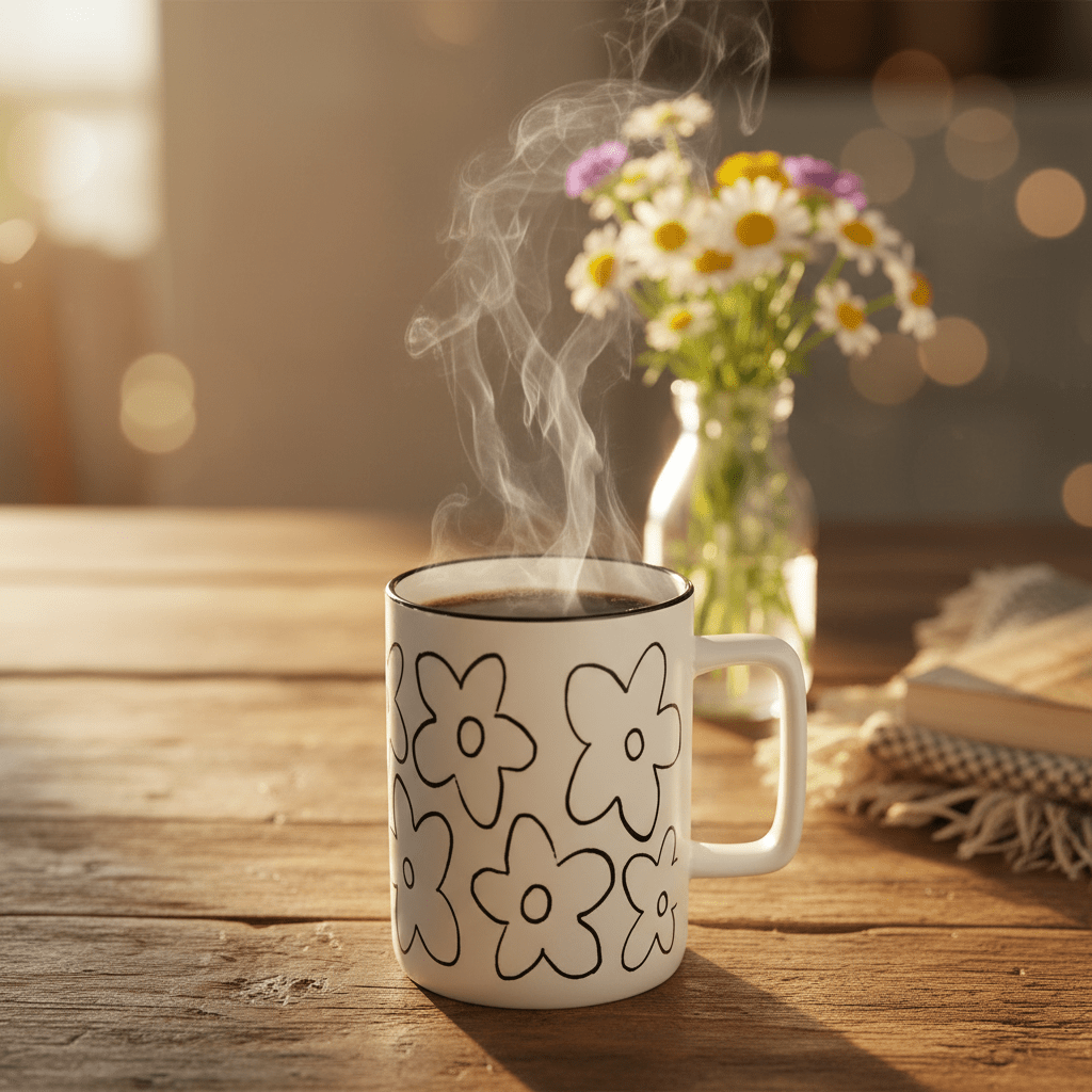 White Ceramic Daisy Flower Mug – 400ml | Black Print & Rim - Al Kabayel Discount CentreWhite Ceramic Daisy Flower Mug – 400ml | Black Print & RimMugsAKDCAl Kabayel Discount Centre