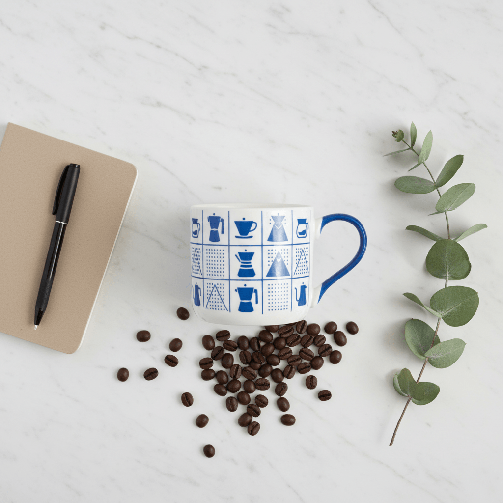 White Ceramic Mug with Blue Coffee Icons & Handle | 380ml | - Al Kabayel Discount CentreWhite Ceramic Mug with Blue Coffee Icons & Handle | 380ml |MugsAKDCAl Kabayel Discount Centre