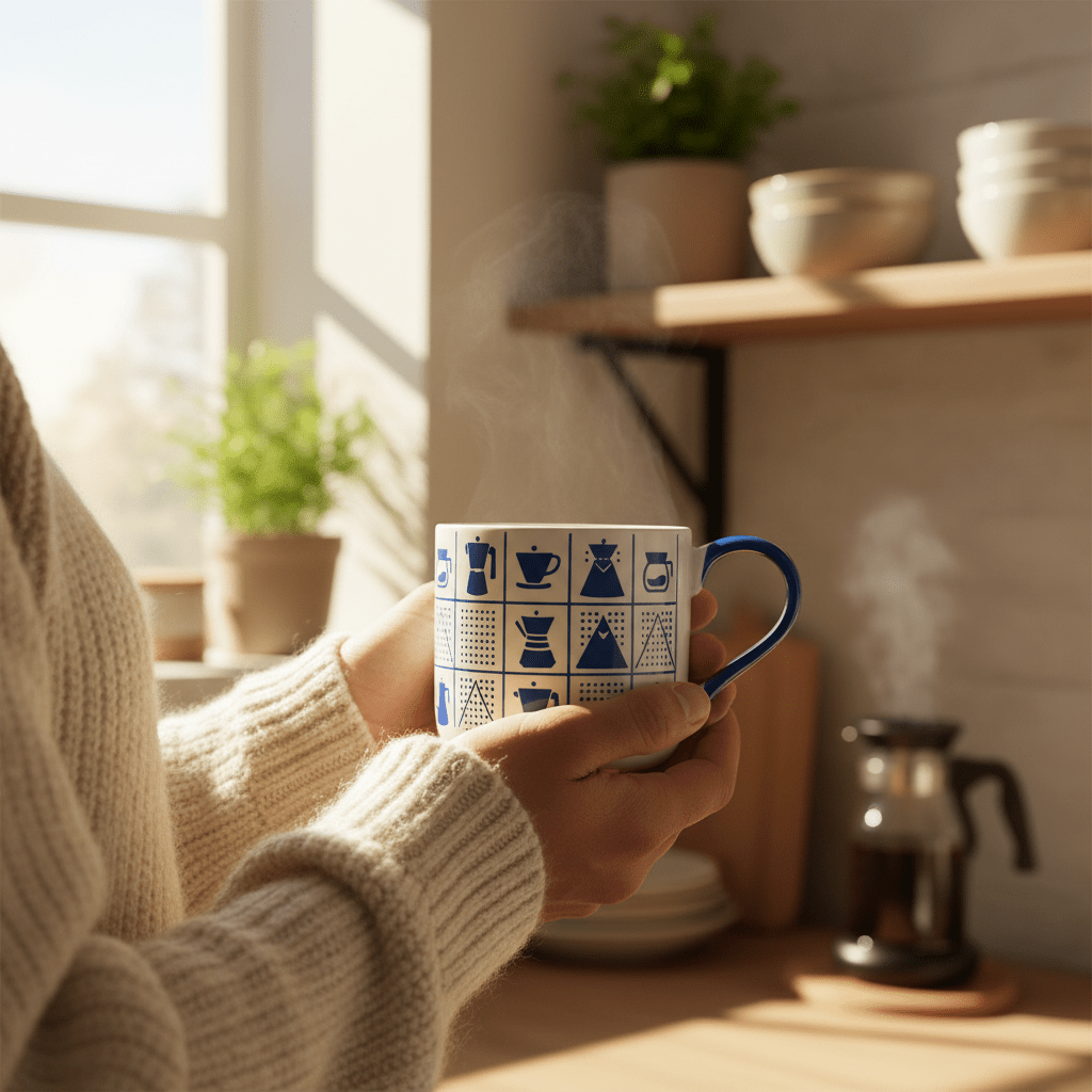 White Ceramic Mug with Blue Coffee Icons & Handle | 380ml | - Al Kabayel Discount CentreWhite Ceramic Mug with Blue Coffee Icons & Handle | 380ml |MugsAKDCAl Kabayel Discount Centre