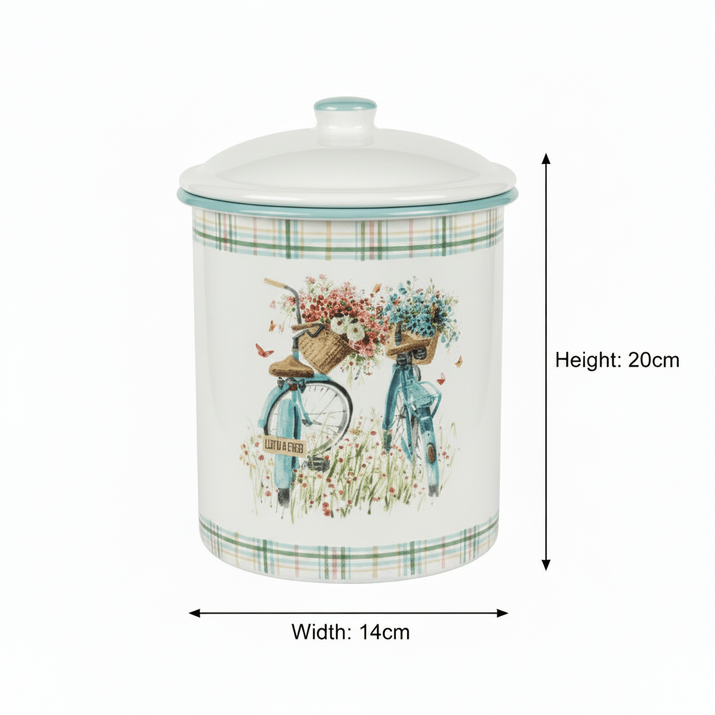 White Enamel Canister with Vintage Bicycle Floral Design & Lid - 20×14cm - Al Kabayel Discount CentreWhite Enamel Canister with Vintage Bicycle Floral Design & Lid - 20×14cmJars & Food SaversAKDCAl Kabayel Discount Centre