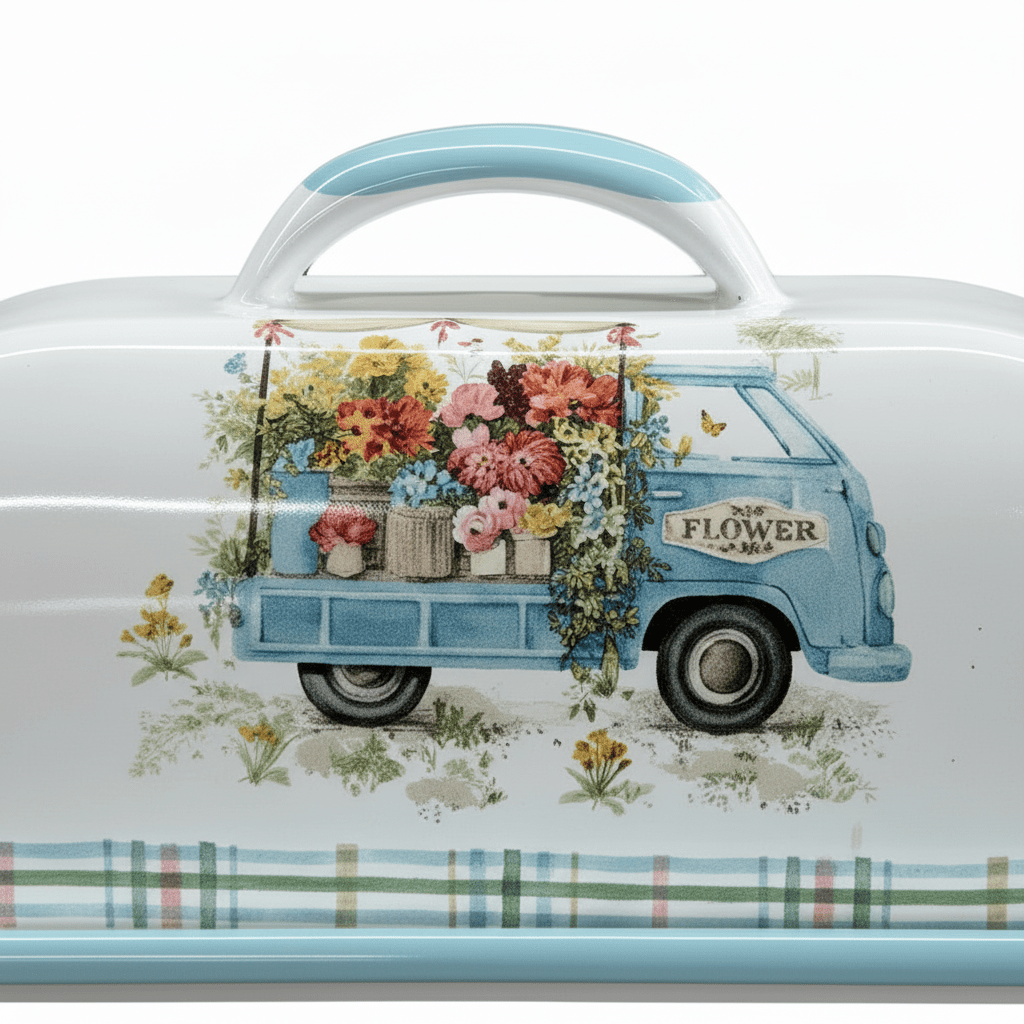 White Enamel Cheese Tray with Lid – Vintage Flower Truck Design - 18×12cm - Al Kabayel Discount CentreWhite Enamel Cheese Tray with Lid – Vintage Flower Truck Design - 18×12cmServing TraysAKDCAl Kabayel Discount Centre