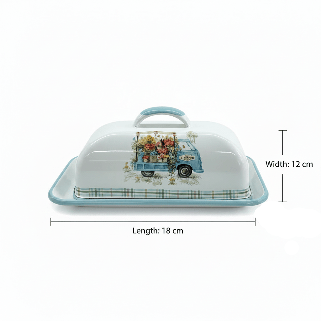White Enamel Cheese Tray with Lid – Vintage Flower Truck Design - 18×12cm - Al Kabayel Discount CentreWhite Enamel Cheese Tray with Lid – Vintage Flower Truck Design - 18×12cmServing TraysAKDCAl Kabayel Discount Centre