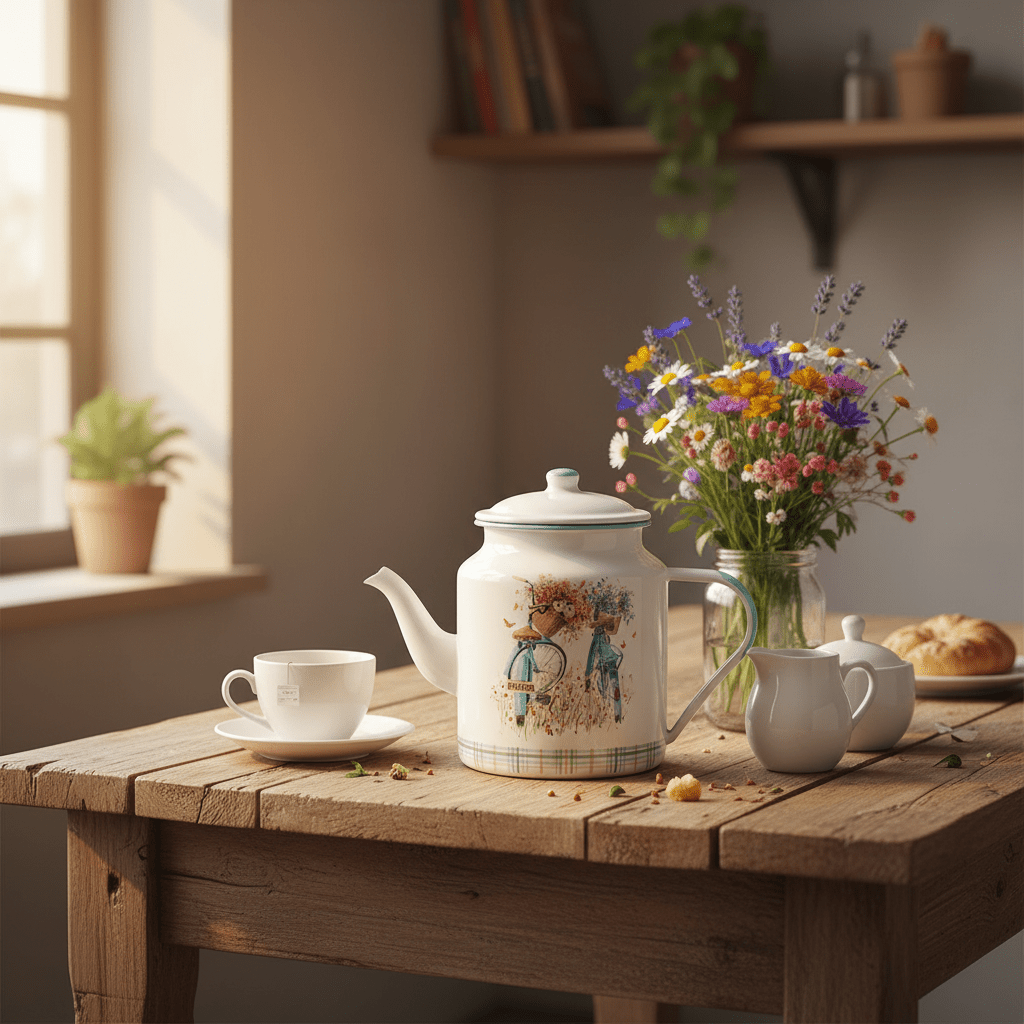 White Enamel Kettle with Floral Bicycle Print - 20 × 13 cm - Al Kabayel Discount CentreWhite Enamel Kettle with Floral Bicycle Print - 20 × 13 cmTea/Coffee PotsAKDCAl Kabayel Discount Centre