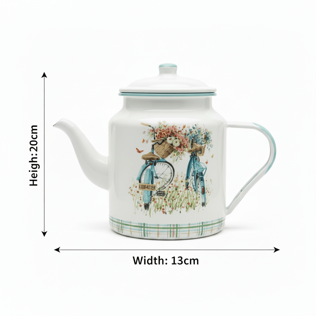 White Enamel Kettle with Floral Bicycle Print - 20 × 13 cm - Al Kabayel Discount CentreWhite Enamel Kettle with Floral Bicycle Print - 20 × 13 cmTea/Coffee PotsAKDCAl Kabayel Discount Centre