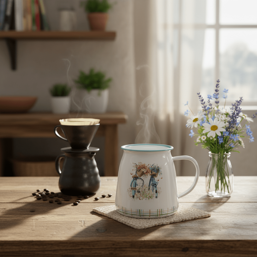 White Enamel Mug with Bicycle Print - 12×9 cm - Al Kabayel Discount CentreWhite Enamel Mug with Bicycle Print - 12×9 cmMugsAKDCAl Kabayel Discount Centre