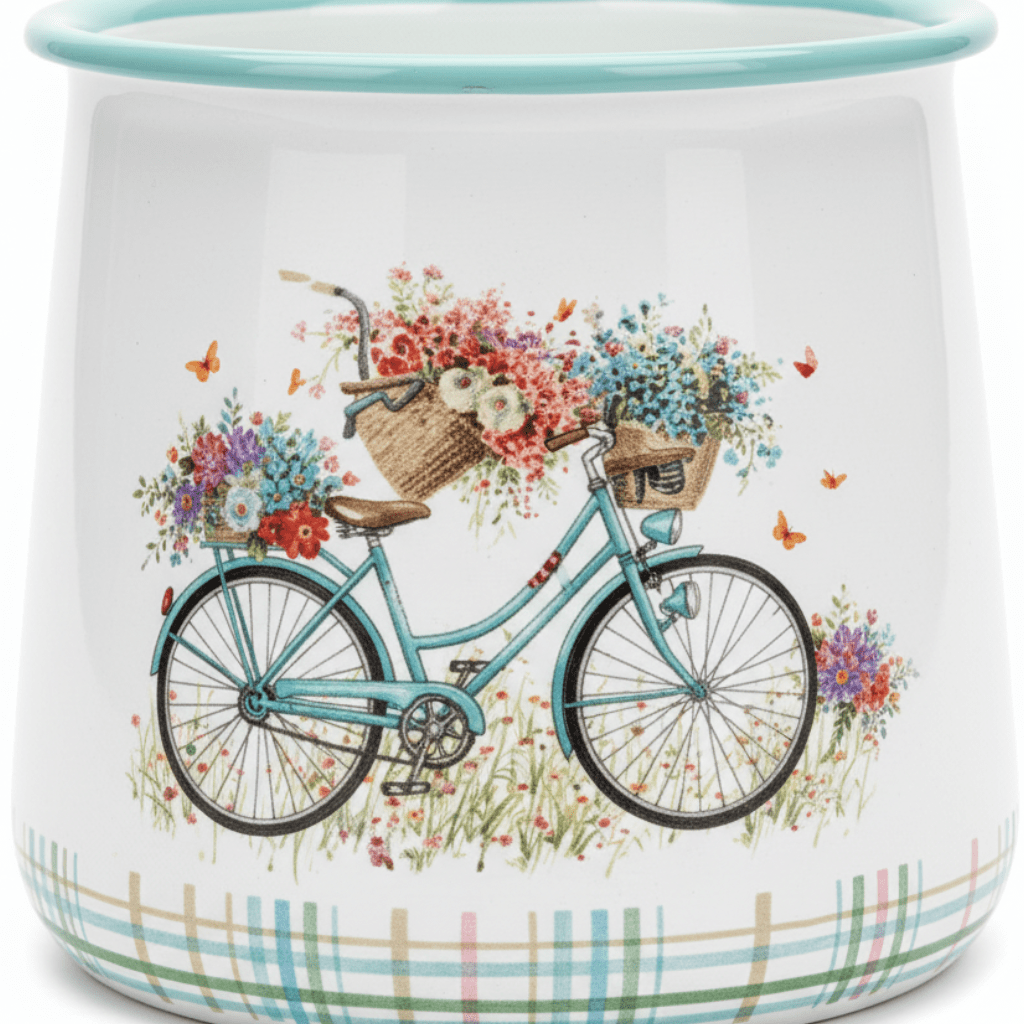 White Enamel Mug with Bicycle Print - 12×9 cm - Al Kabayel Discount CentreWhite Enamel Mug with Bicycle Print - 12×9 cmMugsAKDCAl Kabayel Discount Centre