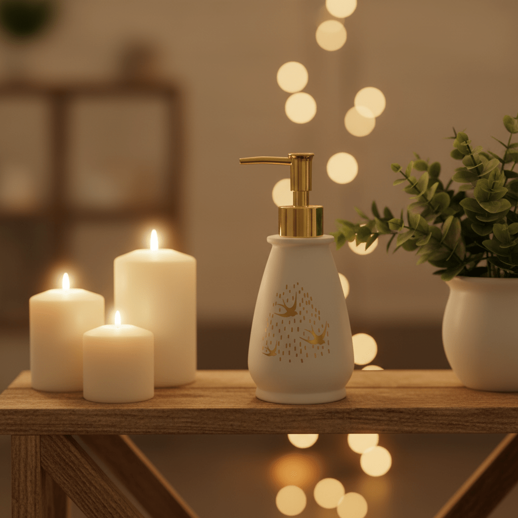 White & Gold Ceramic & Plastic Liquid Soap Dispenser – 400ml - Al Kabayel Discount CentreWhite & Gold Ceramic & Plastic Liquid Soap Dispenser – 400mlHolders & DispensersAKDCAl Kabayel Discount Centre