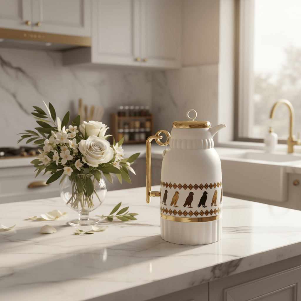 White & Gold Vacuum Flask with Heritage Bird Motif 1 Litre - Al Kabayel Discount CentreWhite & Gold Vacuum Flask with Heritage Bird Motif 1 LitreThermosAKDCAl Kabayel Discount Centre