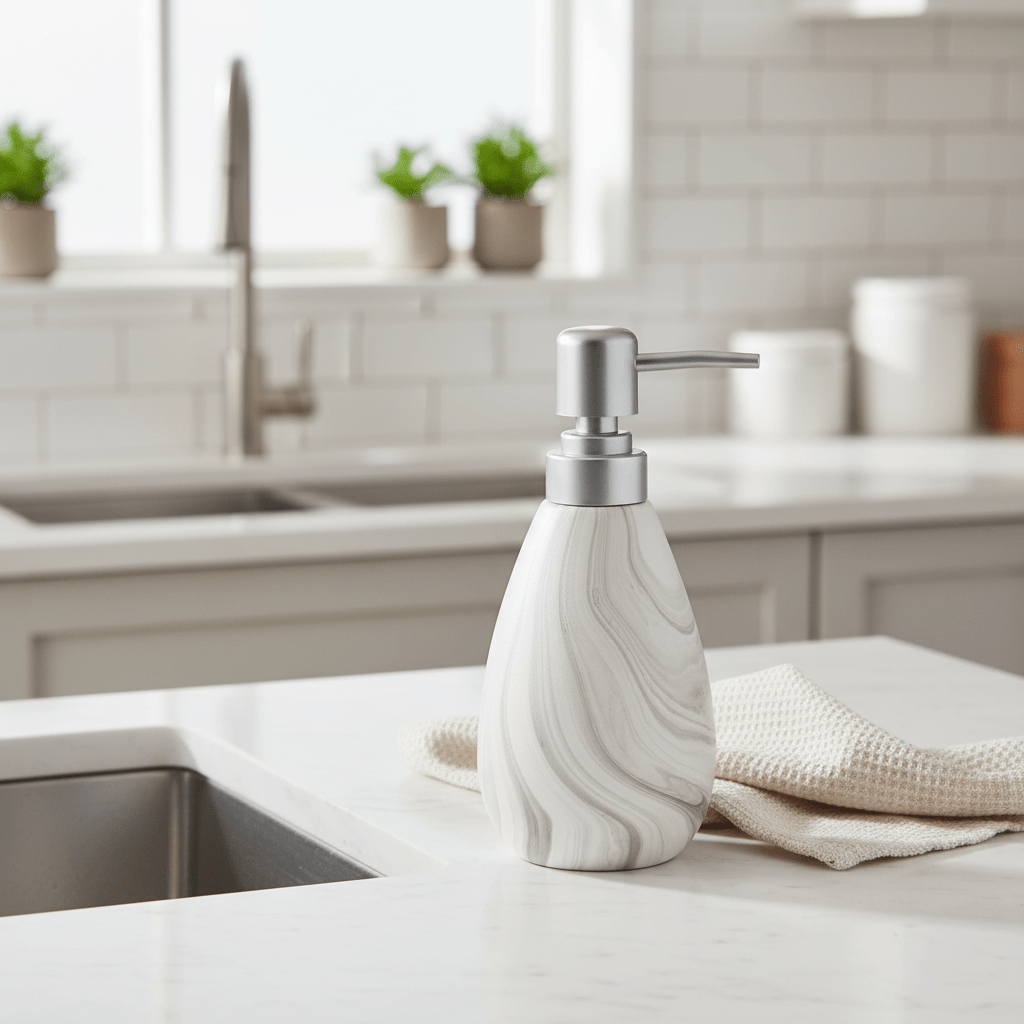 White & Grey Marble Swirl Ceramic & Plastic Liquid Soap Dispenser – 400ml - Al Kabayel Discount CentreWhite & Grey Marble Swirl Ceramic & Plastic Liquid Soap Dispenser – 400mlHolders & DispensersAKDCAl Kabayel Discount Centre