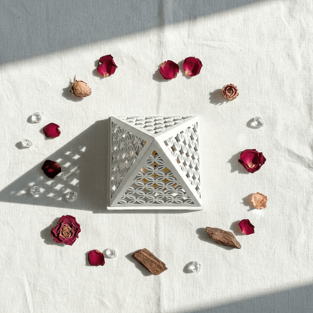 White Pyramid Incense Burner — Geometric Lattice with Gold Bowl - Al Kabayel Discount CentreWhite Pyramid Incense Burner — Geometric Lattice with Gold BowlIncense BurnerAKDCAl Kabayel Discount Centre