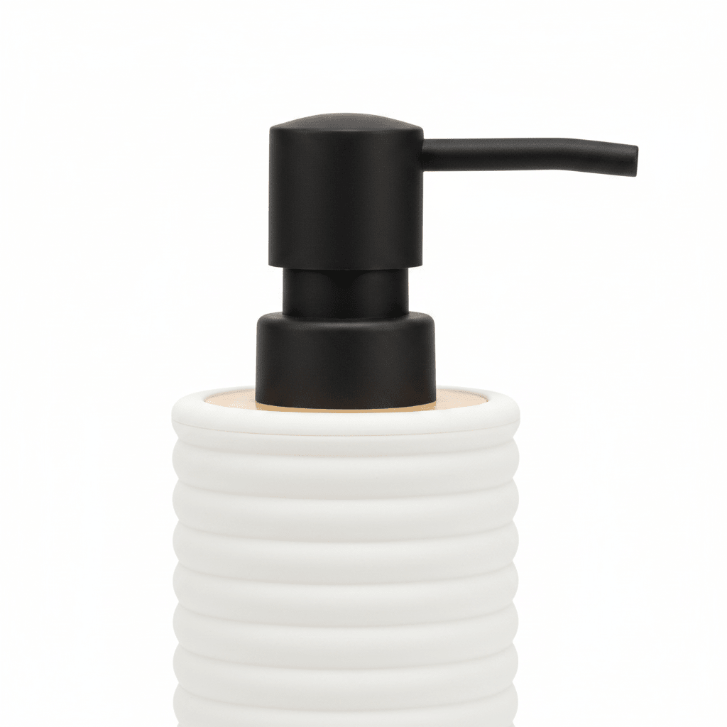White Ribbed Plastic Liquid Soap Dispenser - 400ml - White / Black / Peach - Al Kabayel Discount CentreWhite Ribbed Plastic Liquid Soap Dispenser - 400ml - White / Black / PeachHolders & DispensersAKDCAl Kabayel Discount Centre