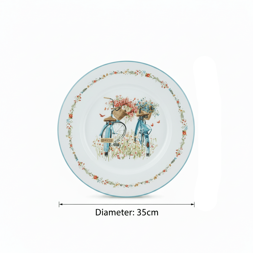 White Round Enamel Tray – Bicycle Garden Print - 35cm - Al Kabayel Discount CentreWhite Round Enamel Tray – Bicycle Garden Print - 35cmServing TraysAKDCAl Kabayel Discount Centre
