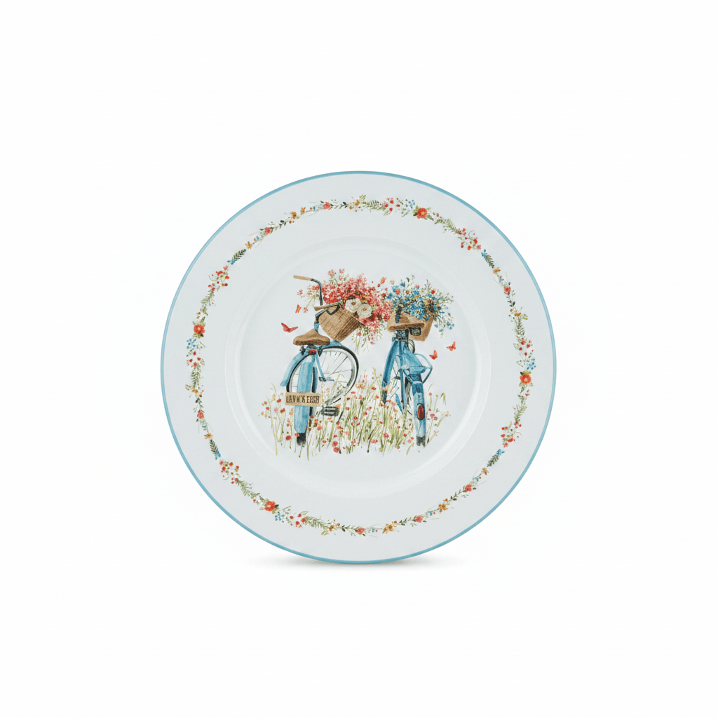 White Round Enamel Tray – Bicycle Garden Print - 35cm - Al Kabayel Discount CentreWhite Round Enamel Tray – Bicycle Garden Print - 35cmServing TraysAKDCAl Kabayel Discount Centre