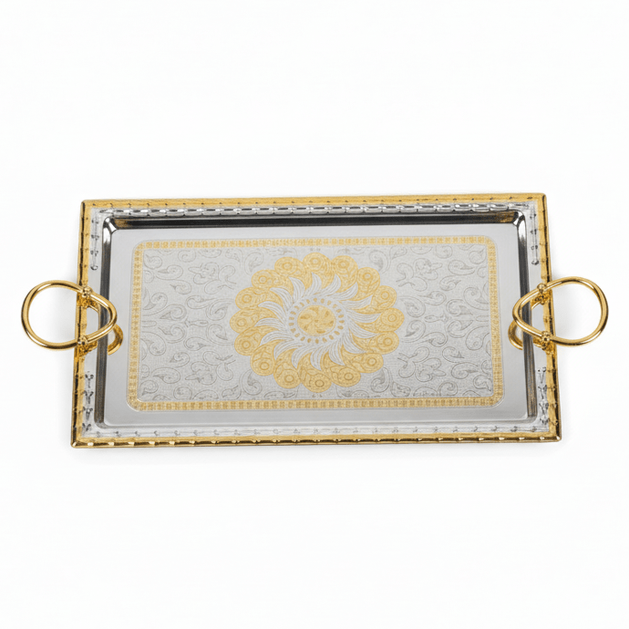 Windcera Premium Rectangular Silver & Gold Stainless Steel Serving Tray with Elegant Golden Handles, Multipurpose Food & Tea Serving Platter for Home Kitchen & Dining – 41 x 21 cm - Al Kabayel Discount CentreWindcera Premium Rectangular Silver & Gold Stainless Steel Serving Tray with Elegant Golden Handles, Multipurpose Food & Tea Serving Platter for Home Kitchen & Dining – 41 x 21 cmServing TraysWindceraAl Kabayel Discount Centre