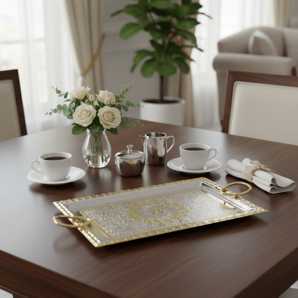 Windcera Premium Rectangular Silver & Gold Stainless Steel Serving Tray with Elegant Golden Handles, Multipurpose Food & Tea Serving Platter for Home Kitchen & Dining – 41 x 21 cm - Al Kabayel Discount CentreWindcera Premium Rectangular Silver & Gold Stainless Steel Serving Tray with Elegant Golden Handles, Multipurpose Food & Tea Serving Platter for Home Kitchen & Dining – 41 x 21 cmServing TraysWindceraAl Kabayel Discount Centre