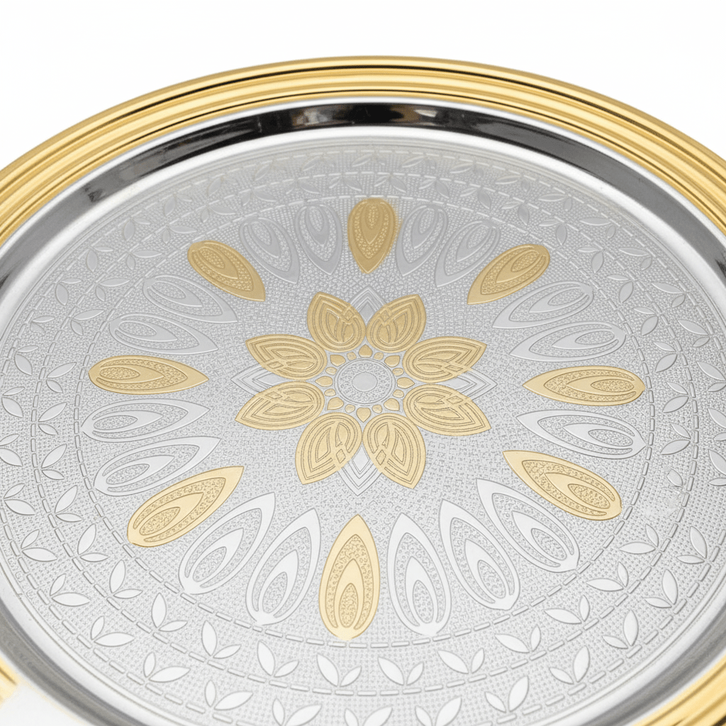 Windcera Round Gold & Silver Stainless Steel Serving Tray – 35cm - Al Kabayel Discount CentreWindcera Round Gold & Silver Stainless Steel Serving Tray – 35cmServing TraysWINDCERAAl Kabayel Discount Centre