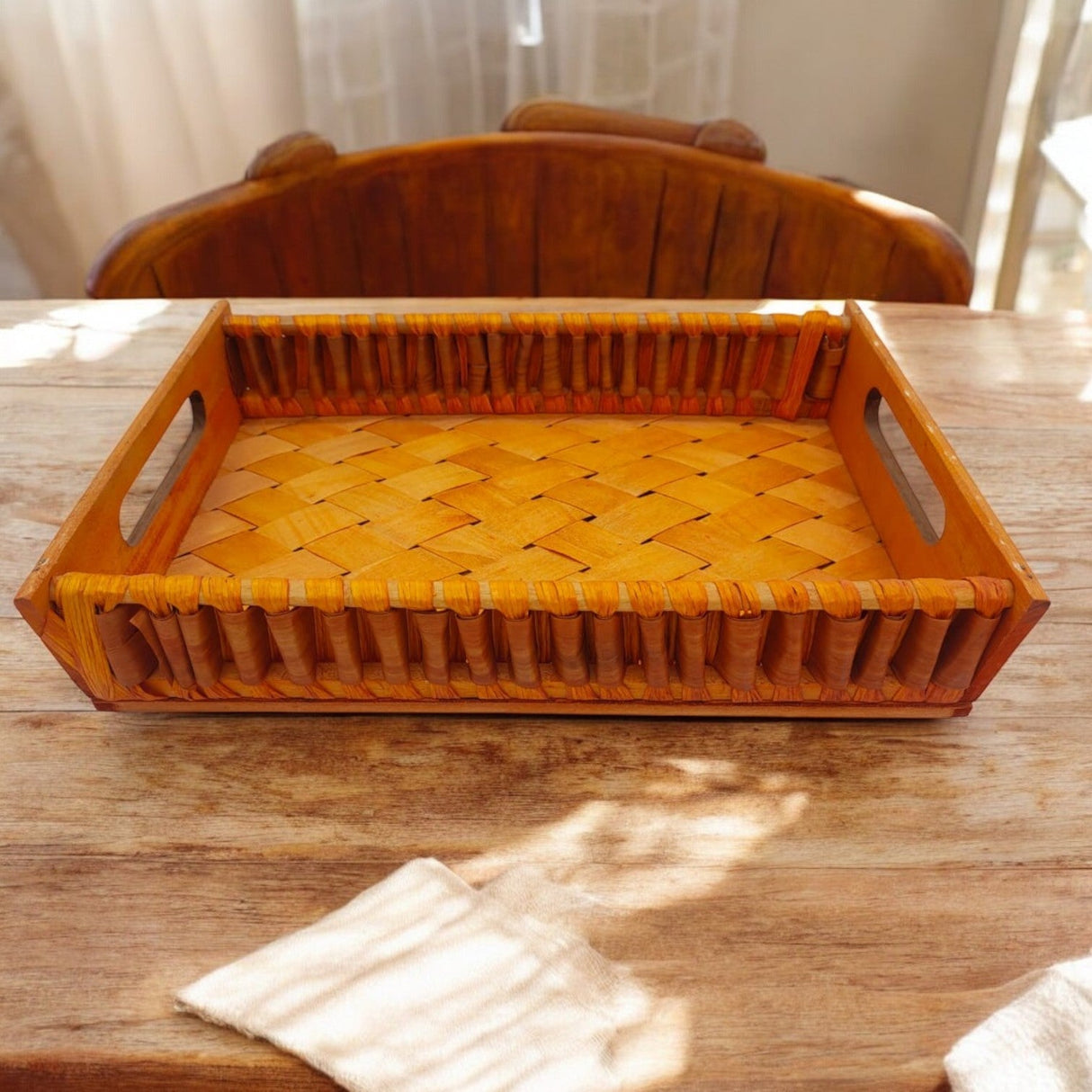 Wooden Tray Hand Woven Elegant Rattan Serving Tray Anti Breakage Desktop Organization for Balcony 38cmX25cmX8cm - Al Kabayel Discount CentreWooden Tray Hand Woven Elegant Rattan Serving Tray Anti Breakage Desktop Organization for Balcony 38cmX25cmX8cmRattanAKDCAl Kabayel Discount Centre