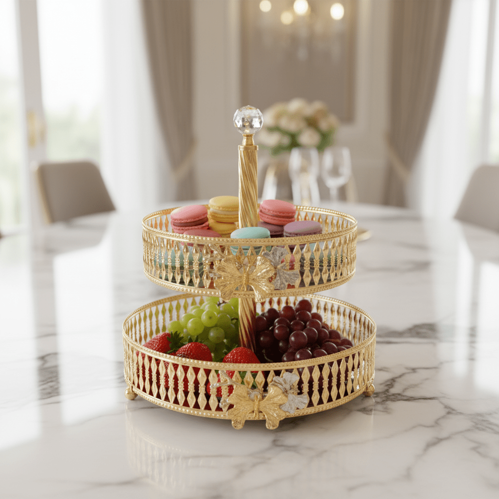 Yilsa Round 2 - Tier Glass Fruit Stand with Gold Metal Frame – Stylish Dessert & Fruit Serving Tray for Home Décor – 20 × 25 × 30 cm - Al Kabayel Discount CentreYilsa Round 2 - Tier Glass Fruit Stand with Gold Metal Frame – Stylish Dessert & Fruit Serving Tray for Home Décor – 20 × 25 × 30 cmServing TraysYILSAAl Kabayel Discount Centre