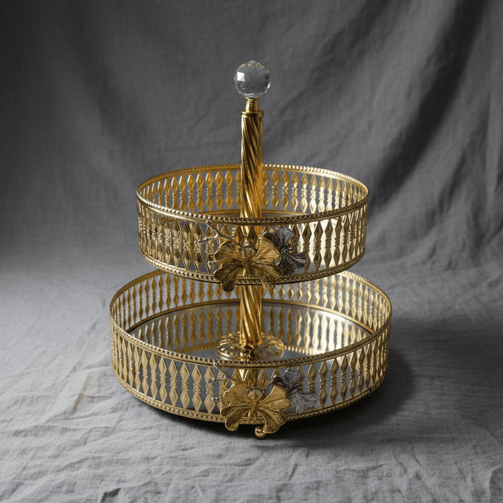 Yilsa Round 2 - Tier Glass Fruit Stand with Gold Metal Frame – Stylish Dessert & Fruit Serving Tray for Home Décor – 20 × 25 × 30 cm - Al Kabayel Discount CentreYilsa Round 2 - Tier Glass Fruit Stand with Gold Metal Frame – Stylish Dessert & Fruit Serving Tray for Home Décor – 20 × 25 × 30 cmServing TraysYILSAAl Kabayel Discount Centre