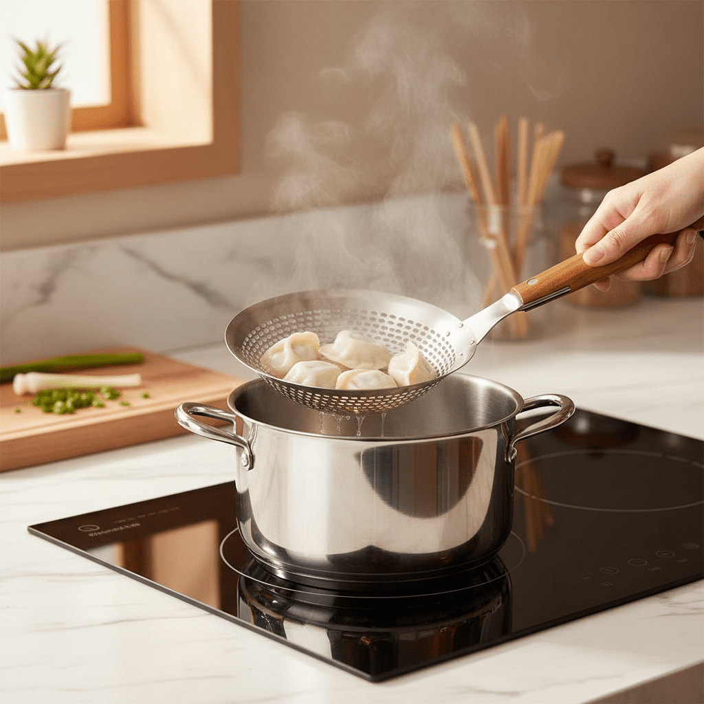Yuniverse Large Stainless Steel Colander with Wooden Handle – 20cm Head | 44cm Long - Al Kabayel Discount CentreYuniverse Large Stainless Steel Colander with Wooden Handle – 20cm Head | 44cm LongKitchen Utensils & GadgetsYUNIVERSEAl Kabayel Discount Centre