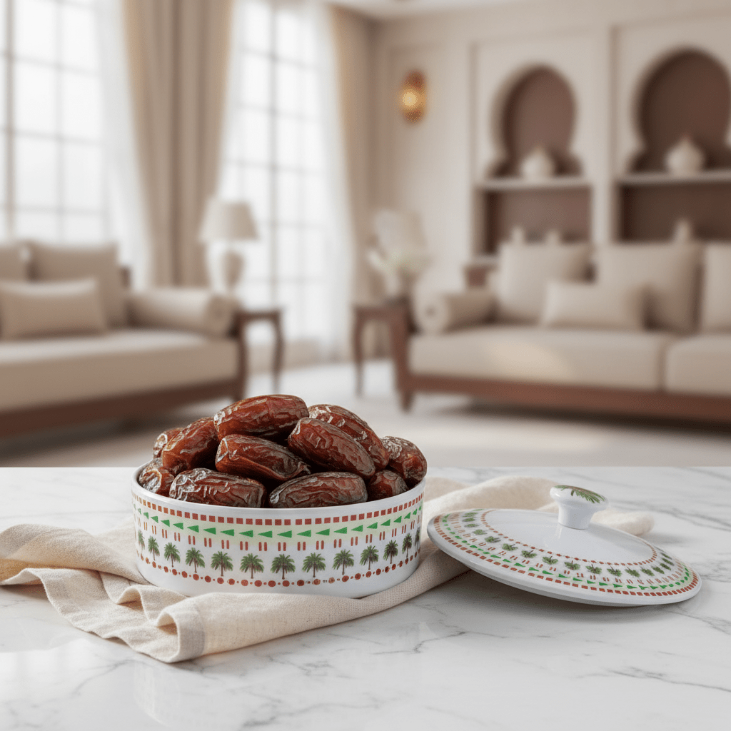 Yuniverse Melamine Round Dates Bowl with Lid | Palm Tree Design | 18×6 cm - Al Kabayel Discount CentreYuniverse Melamine Round Dates Bowl with Lid | Palm Tree Design | 18×6 cmJars & Food SaversYUNIVERSEAl Kabayel Discount Centre