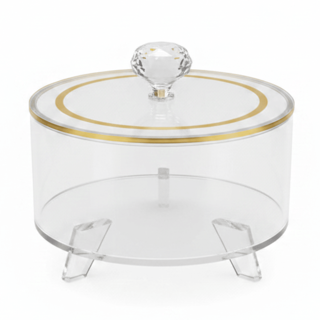 Yuniverse Round Acrylic Candy Box with Lid | Crystal Knob | Gold Rim | 16×10 cm - Al Kabayel Discount CentreYuniverse Round Acrylic Candy Box with Lid | Crystal Knob | Gold Rim | 16×10 cmJars & Food SaversYUNIVERSEAl Kabayel Discount Centre
