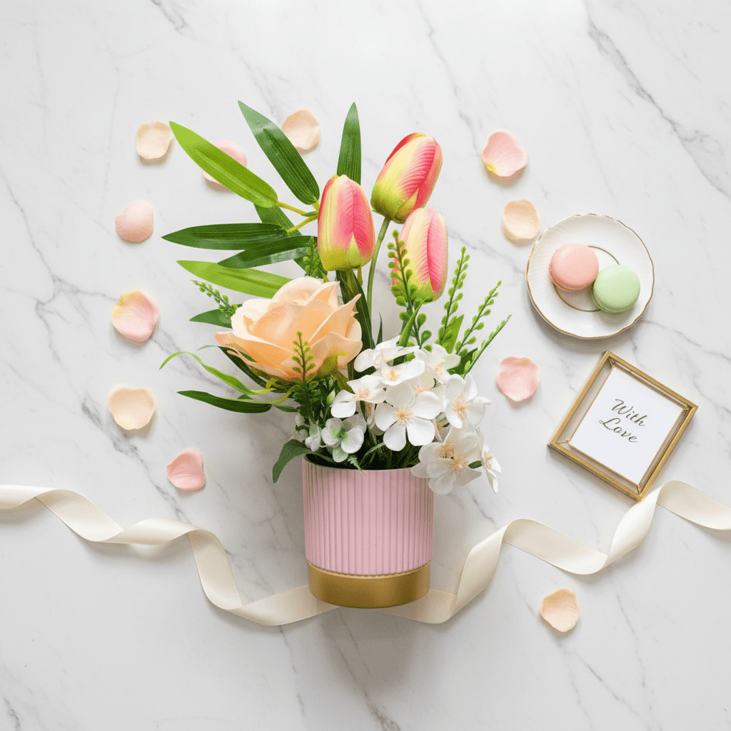 Zeem Artificial Flower Arrangement | Pink Tulips, Peach Rose & White Orchids in Pink Ribbed Vase | 30cm - Al Kabayel Discount CentreZeem Artificial Flower Arrangement | Pink Tulips, Peach Rose & White Orchids in Pink Ribbed Vase | 30cmArtificial FloraZEEMAl Kabayel Discount Centre