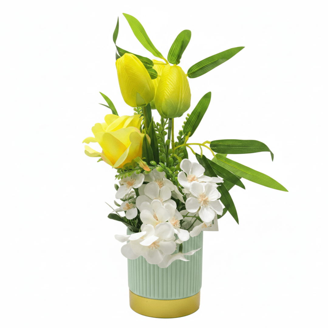 ZEEM Artificial Flower Arrangement Yellow Tulip & White Orchid | Sage Green Vase | 30cm - Al Kabayel Discount CentreZEEM Artificial Flower Arrangement Yellow Tulip & White Orchid | Sage Green Vase | 30cmArtificial FloraZEEMAl Kabayel Discount Centre