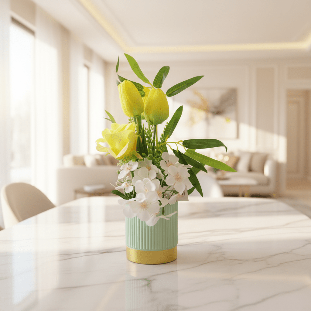 ZEEM Artificial Flower Arrangement Yellow Tulip & White Orchid | Sage Green Vase | 30cm - Al Kabayel Discount CentreZEEM Artificial Flower Arrangement Yellow Tulip & White Orchid | Sage Green Vase | 30cmArtificial FloraZEEMAl Kabayel Discount Centre