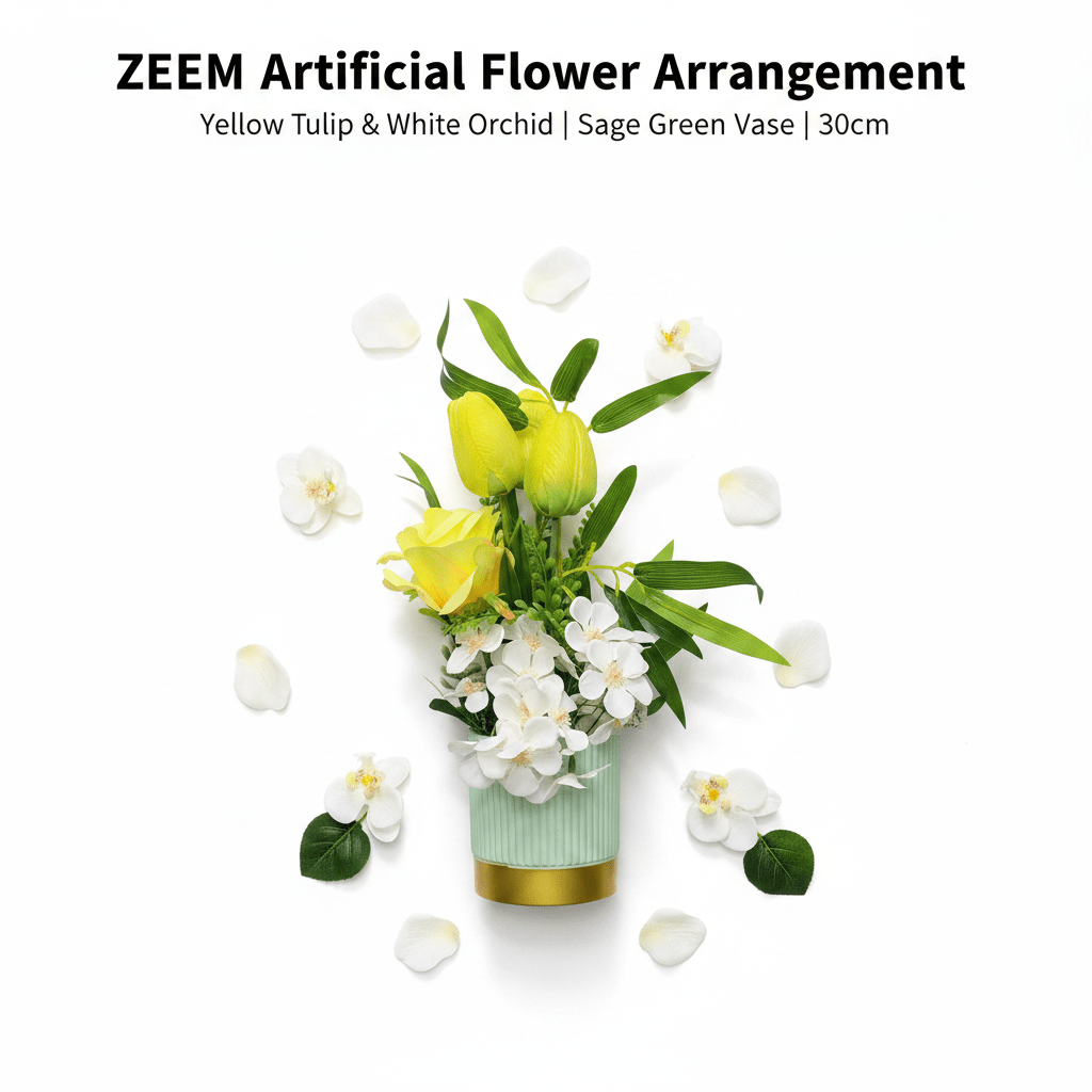 ZEEM Artificial Flower Arrangement Yellow Tulip & White Orchid | Sage Green Vase | 30cm - Al Kabayel Discount CentreZEEM Artificial Flower Arrangement Yellow Tulip & White Orchid | Sage Green Vase | 30cmArtificial FloraZEEMAl Kabayel Discount Centre