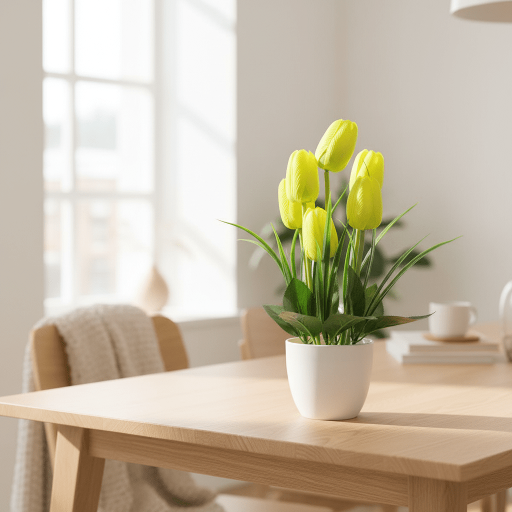 Zeem Artificial Yellow & Green Tulip Flower Arrangement in White Plastic Vase — 33cm - Al Kabayel Discount CentreZeem Artificial Yellow & Green Tulip Flower Arrangement in White Plastic Vase — 33cmArtificial FloraZEEMAl Kabayel Discount Centre