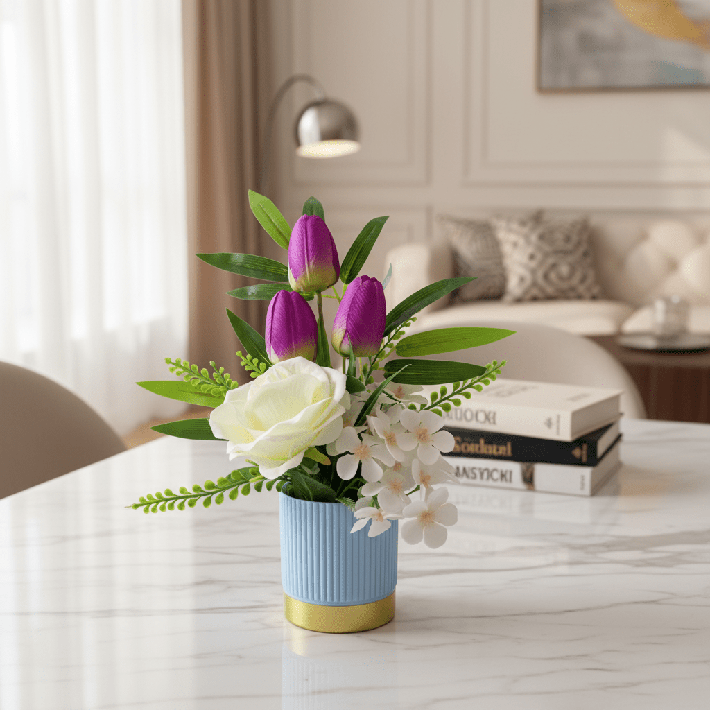 Zeem Purple & White Artificial Flower Plant — Blue Ribbed Vase | 30cm | Premium Home Décor - Al Kabayel Discount CentreZeem Purple & White Artificial Flower Plant — Blue Ribbed Vase | 30cm | Premium Home DécorArtificial FloraZEEMAl Kabayel Discount Centre