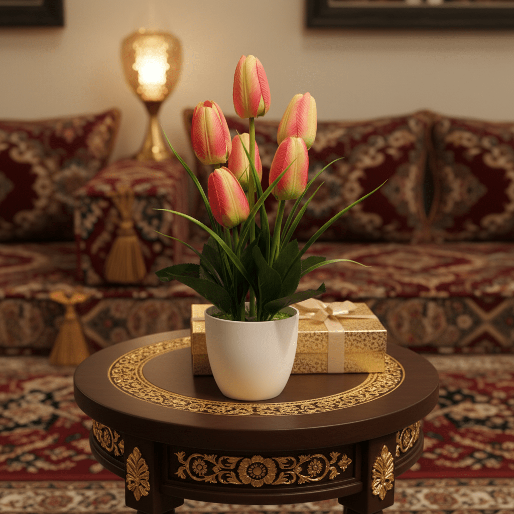 Zeem Red & Green Artificial Tulip Bouquet with White Plastic Vase | 33cm - Al Kabayel Discount CentreZeem Red & Green Artificial Tulip Bouquet with White Plastic Vase | 33cmArtificial FloraZEEMAl Kabayel Discount Centre