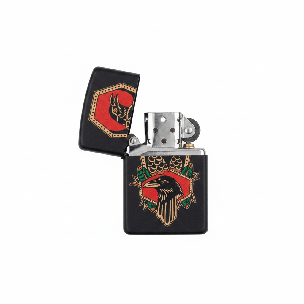 Zippo Black Flip Top Refillable Metal Lighter Crow Tattoo Style Artwork 6×4 cm - Al Kabayel Discount CentreZippo Black Flip Top Refillable Metal Lighter Crow Tattoo Style Artwork 6×4 cmLightersZIPPOAl Kabayel Discount Centre