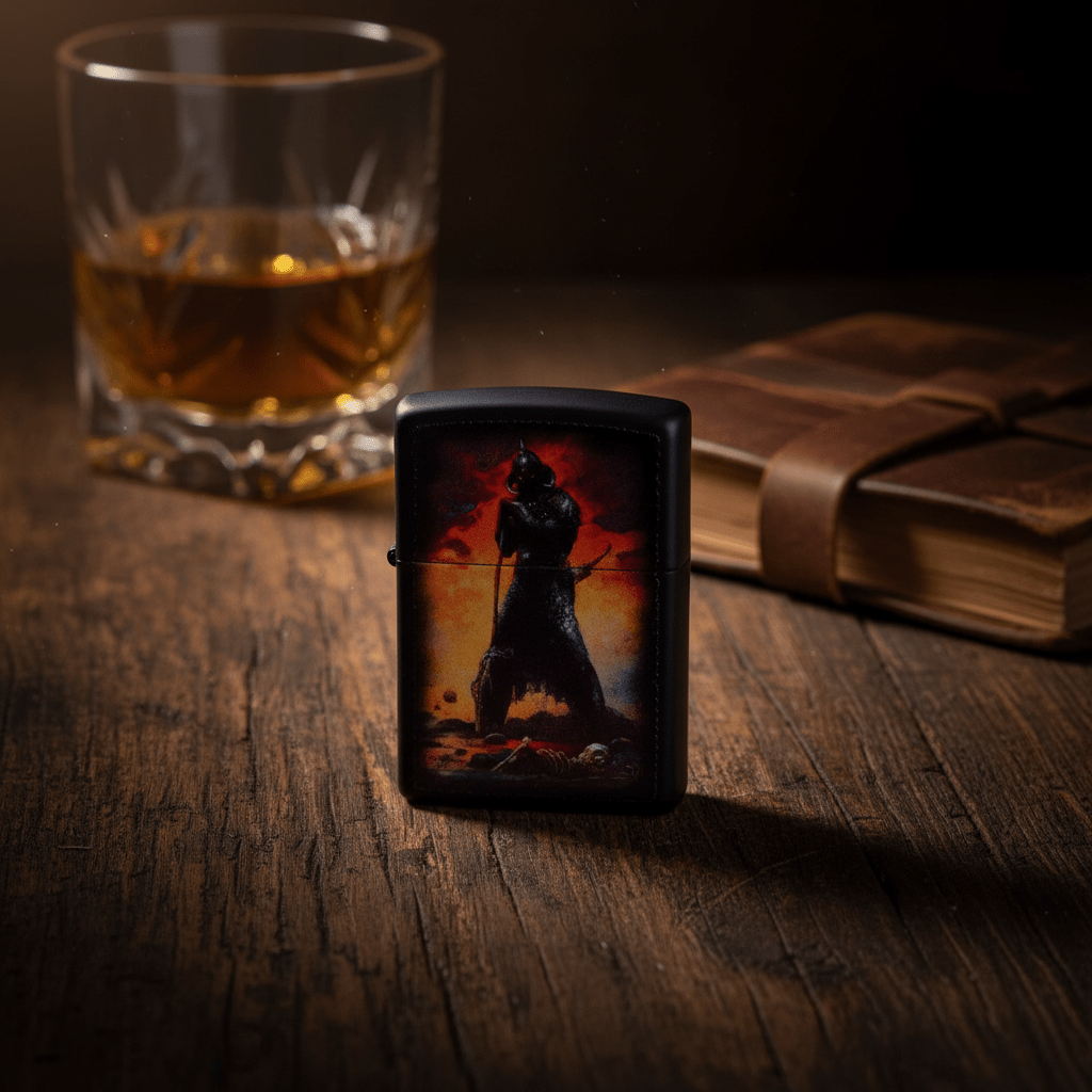 Zippo Black Flip Top Refillable Metal Lighter Frank Frazetta Death Dealer Artwork Windproof 6×4 cm - Al Kabayel Discount CentreZippo Black Flip Top Refillable Metal Lighter Frank Frazetta Death Dealer Artwork Windproof 6×4 cmLightersZIPPOAl Kabayel Discount Centre