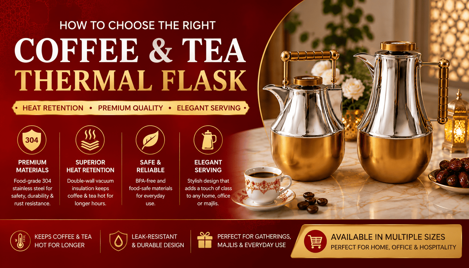 Premium coffee and tea thermal flasks with elegant insulated serving design, stainless steel interior, superior heat retention, and luxury hospitality style for home, office, and majlis use in the UAE.