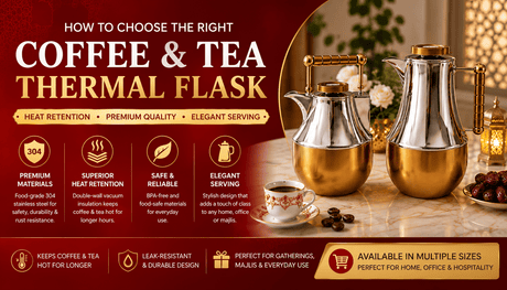 Premium coffee and tea thermal flasks with elegant insulated serving design, stainless steel interior, superior heat retention, and luxury hospitality style for home, office, and majlis use in the UAE.