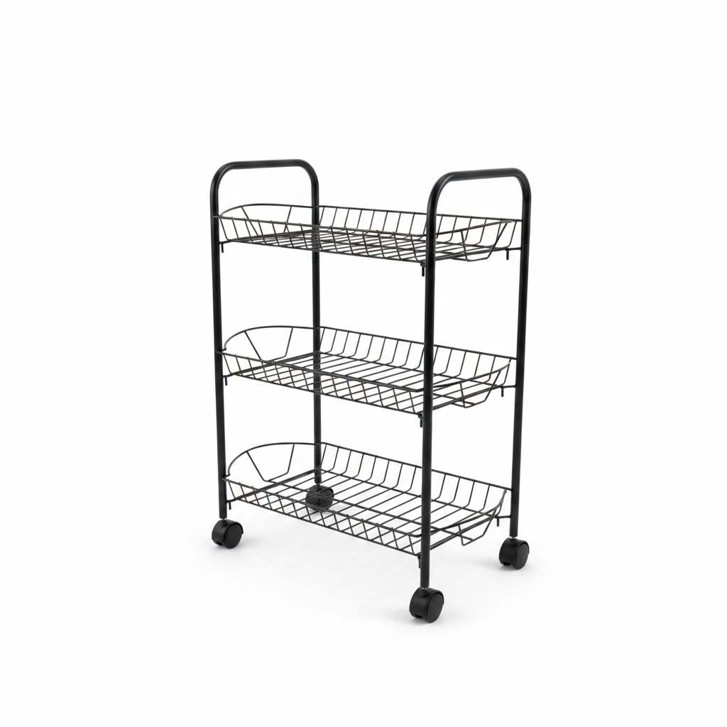 Metal 3-Tier Rack with Wheels Black - 50×40×25cm